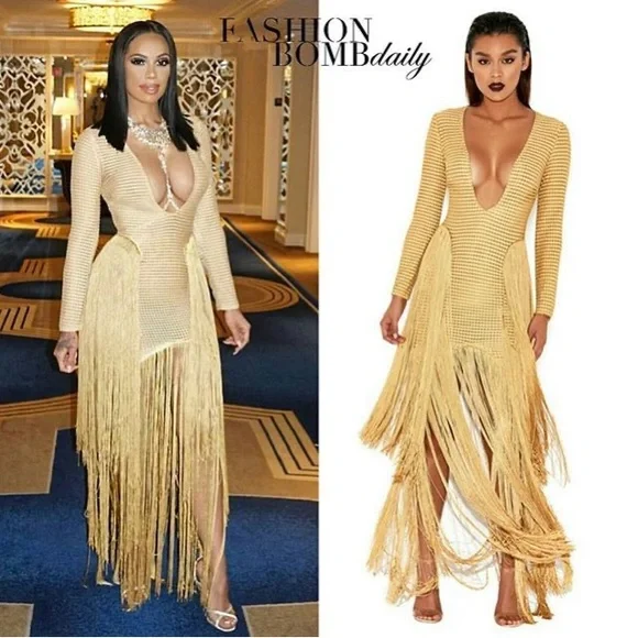 House of CB Gold Fringe Maxi Dress - Size Large - Picture 4 of 8